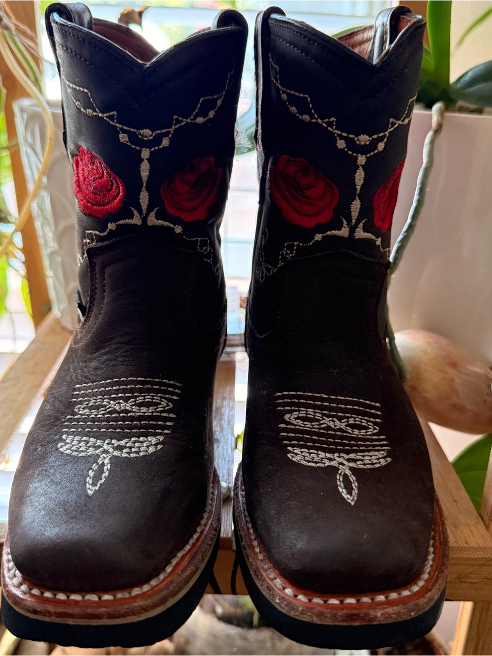 Chocolate Brown Genuine Leather Western Boots w/ Red Rose Embroidery Toddler 9